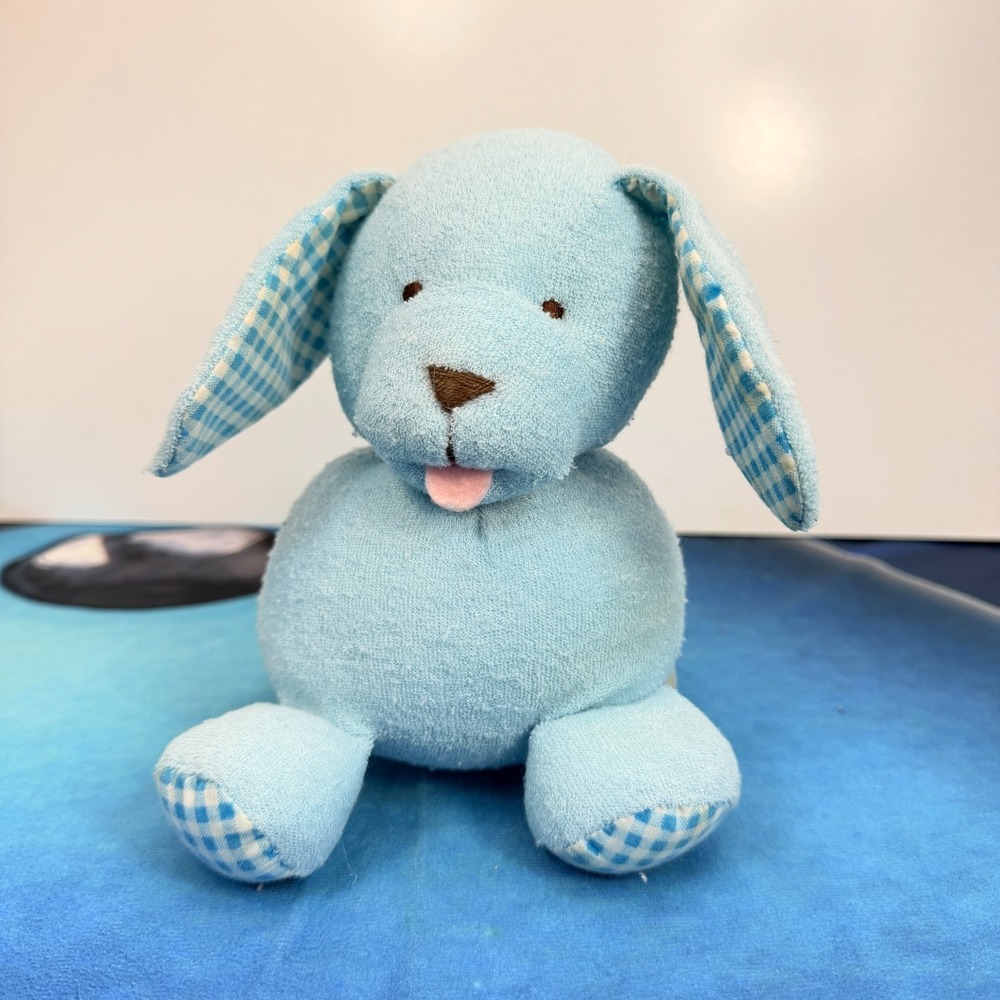 Vintage Russ Blue Gingham Dog Plush Terry Cloth Stuffed Animal Puppy Plaid 7"